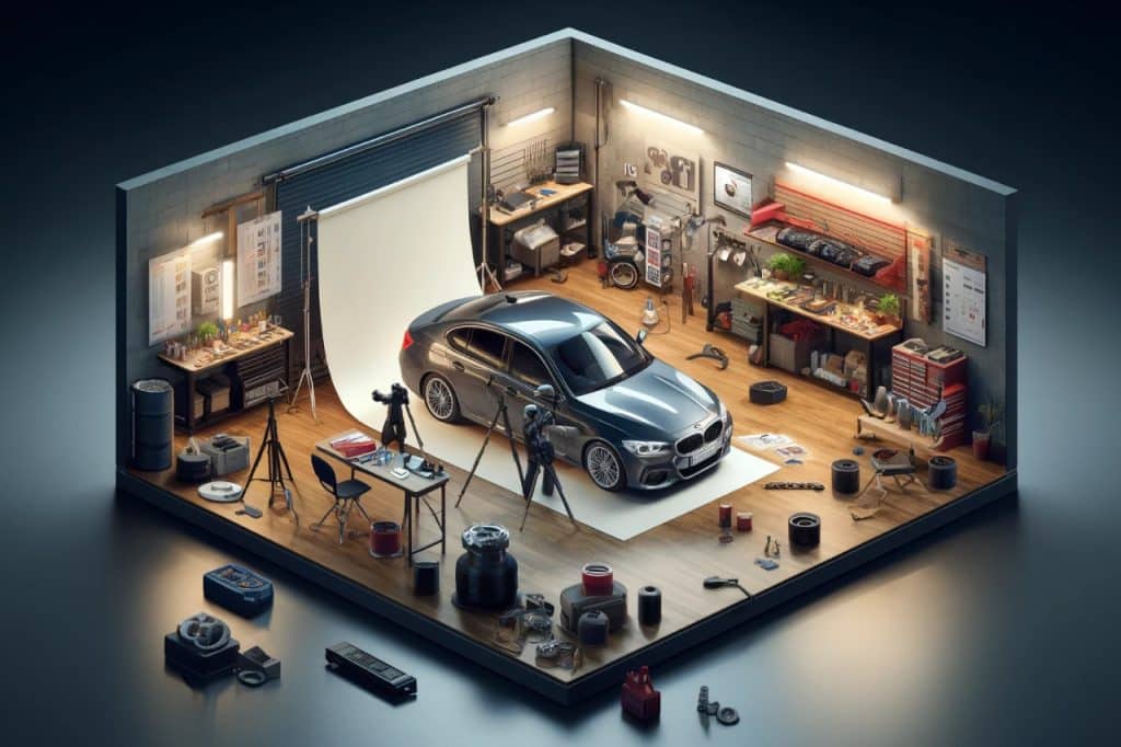 scene focusing on maximising a car's sale value through various preparation activities in a garage