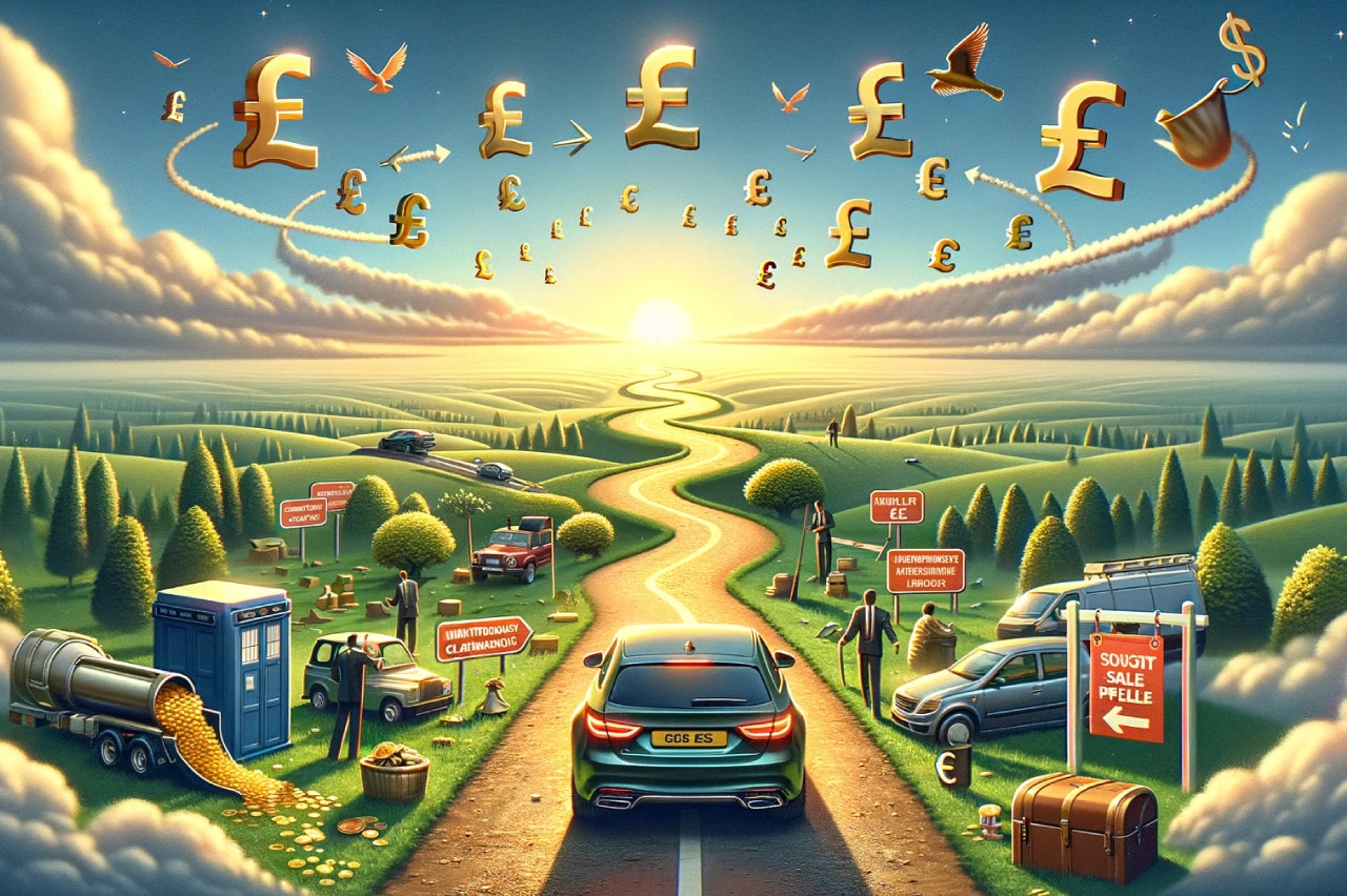 a journey of a car travelling a path toward a sky full of cash symbols