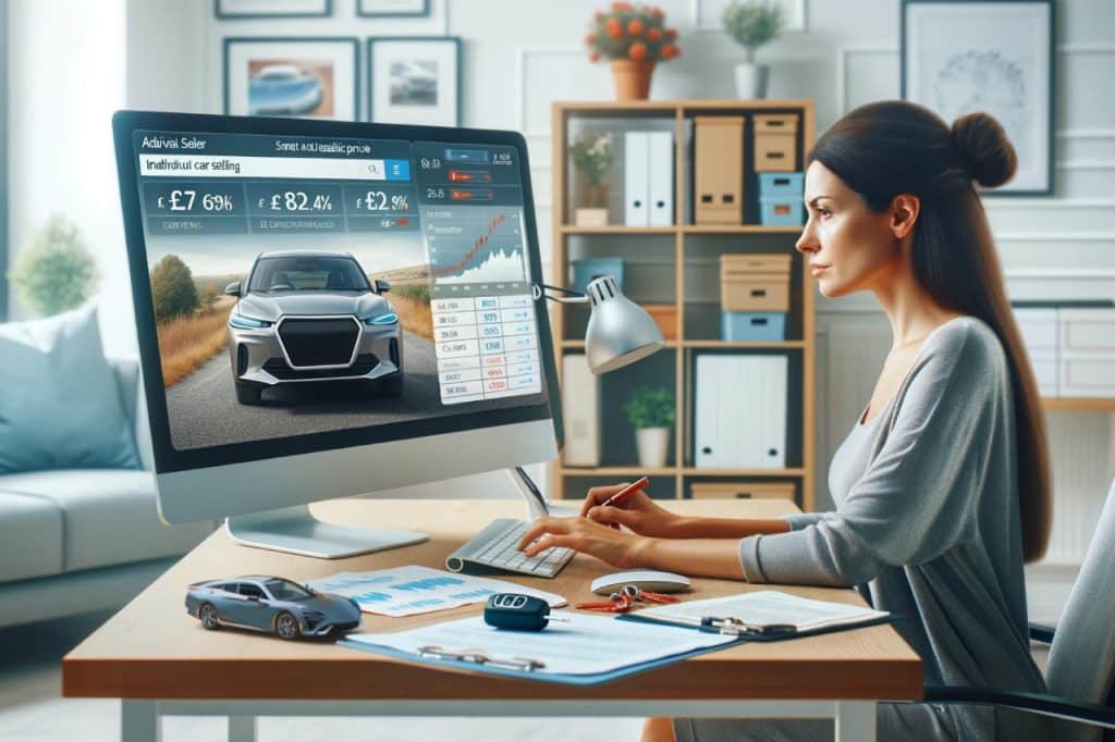 person at computer looking a computer screen with car image and prices around 