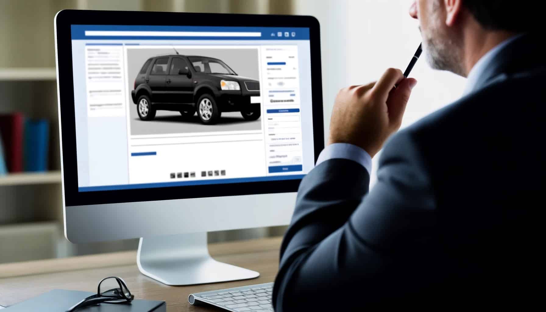 image featuring a person looking at a computer screen, displaying a car listing on a social media platform